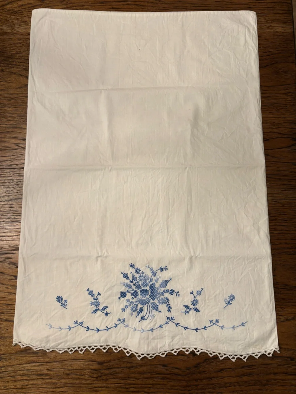 Pair Vintage Hand Embroidered Cotton Pillowcases Blue Floral Cottage Heirloom